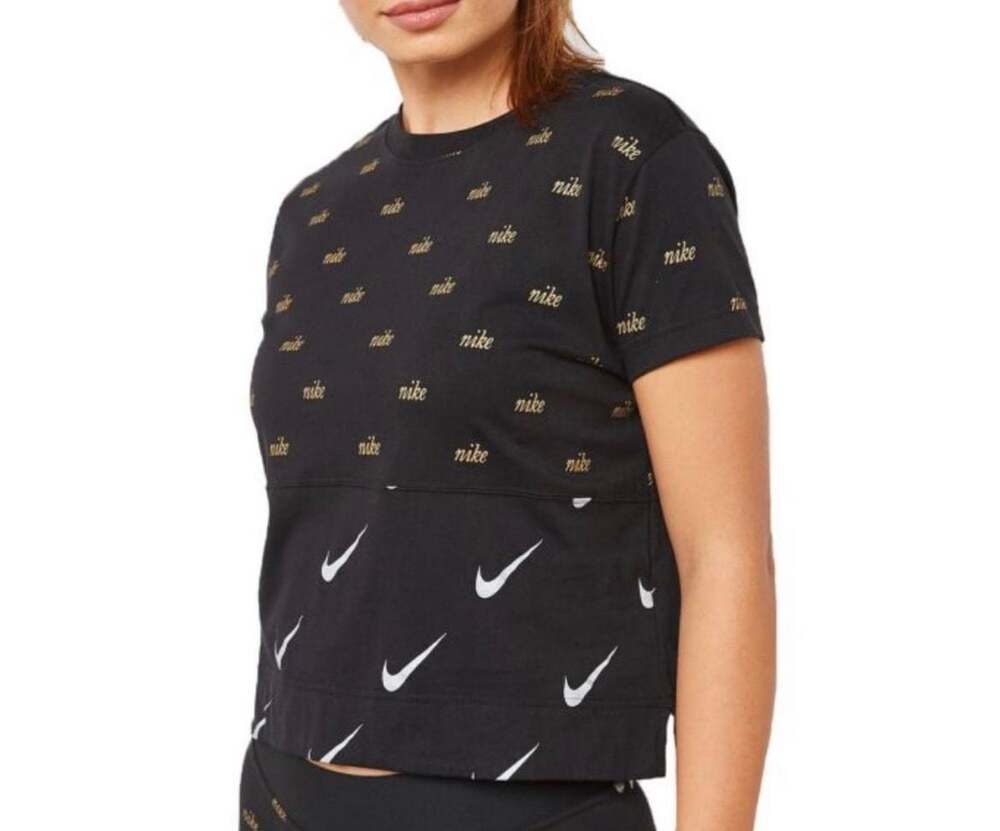 Nike Women's All Over Print Swoosh Script Logo T-Shirt Black Size S